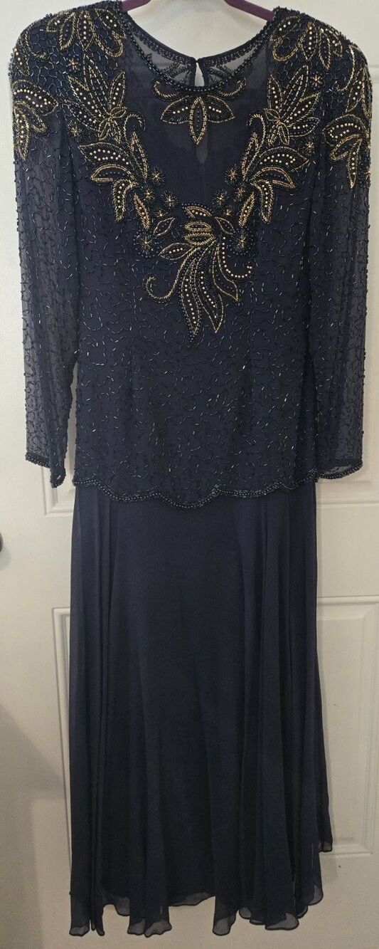 Vintage Alfred Angelo Blue Dress fully Hand beaded silk dress size 6 To 8 Medium